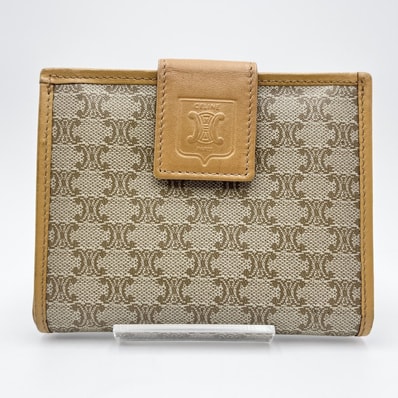 CELINE(セリーヌ)マカダム ヴィンテージ 二つ折り財布 がま口ウォレット ベージュ PVC レザー ゴールドトーン金具 レディース【中古】