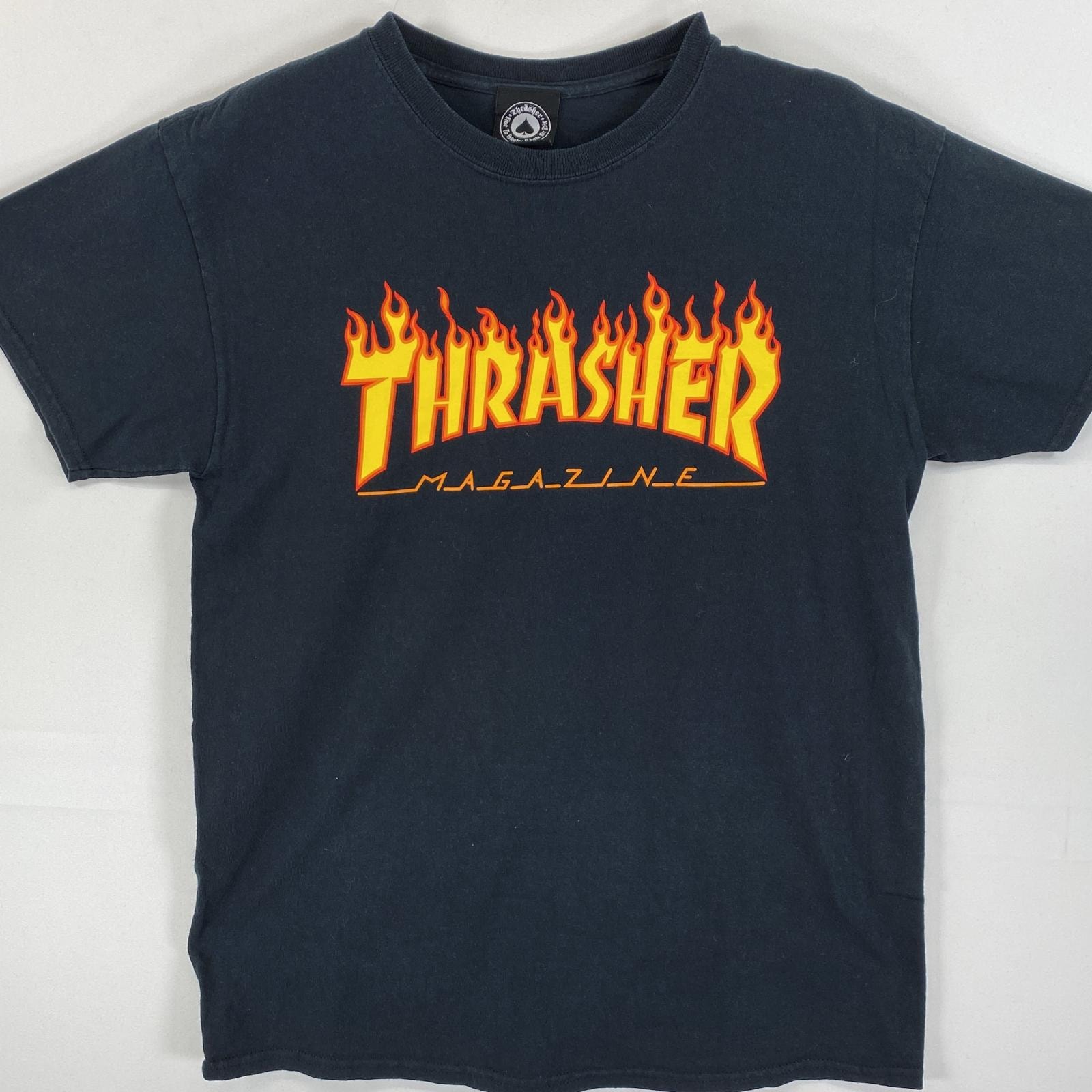 古着 スラッシャー THRASHER 半袖Tシャツ ラバープリント ブランドロゴ ファイヤーパターン  ブラック メンズ