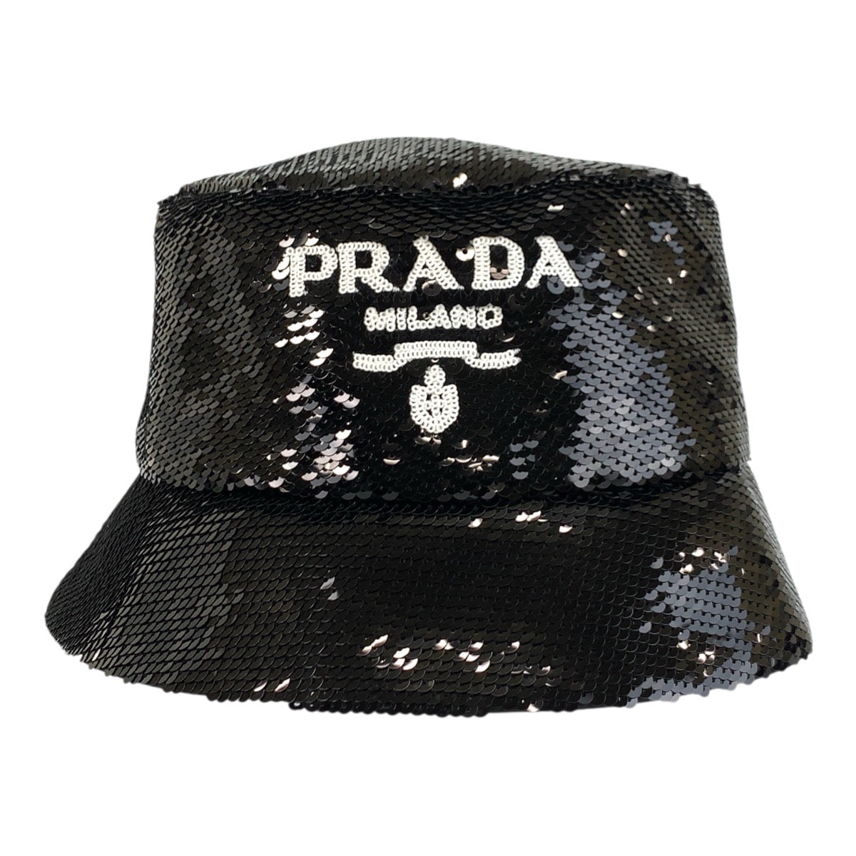 美品 PRADA プラダ ロゴ スパンコール Mサイズ ブラック 黒 コットン シルク/ バケットハット 男女兼用 601192 【中古】