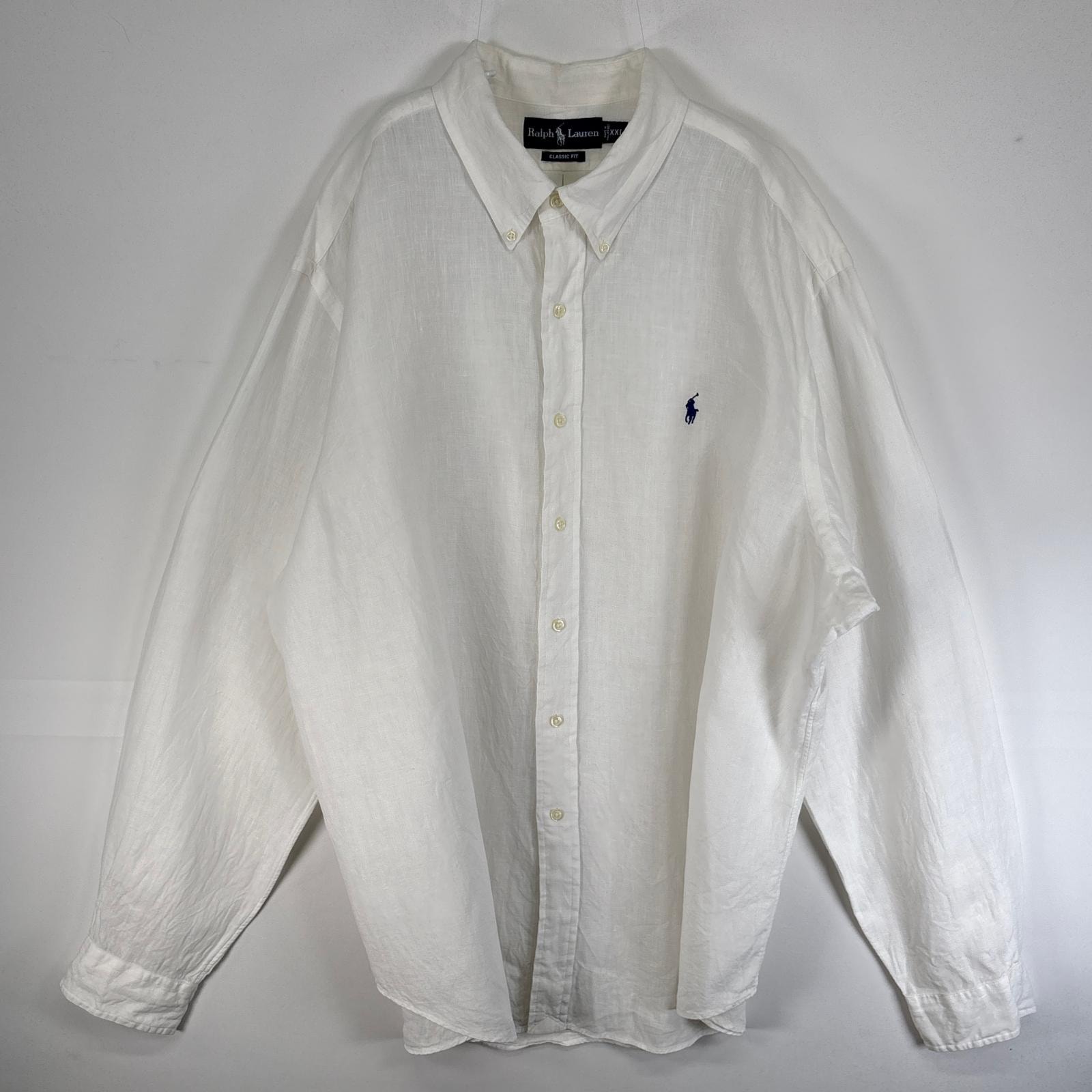 古着 ラルフローレン RALPH LAUREN 長袖シャツ ロゴ 刺繍 大きいサイズ リネン 14041  ホワイト 無地 メンズ