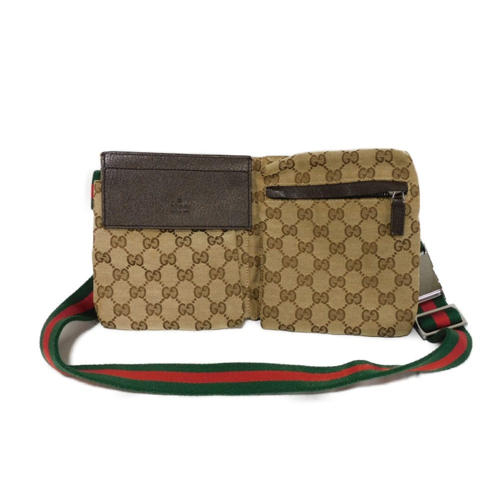 GUCCI グッチ GG キャンバス ウエストバッグ ロゴ エンボス カーフ ブラウン グリーン レッド ウエストポーチ ショルダーバッグ ウェブ ストライプ ベージュ ボディバッグ 28566