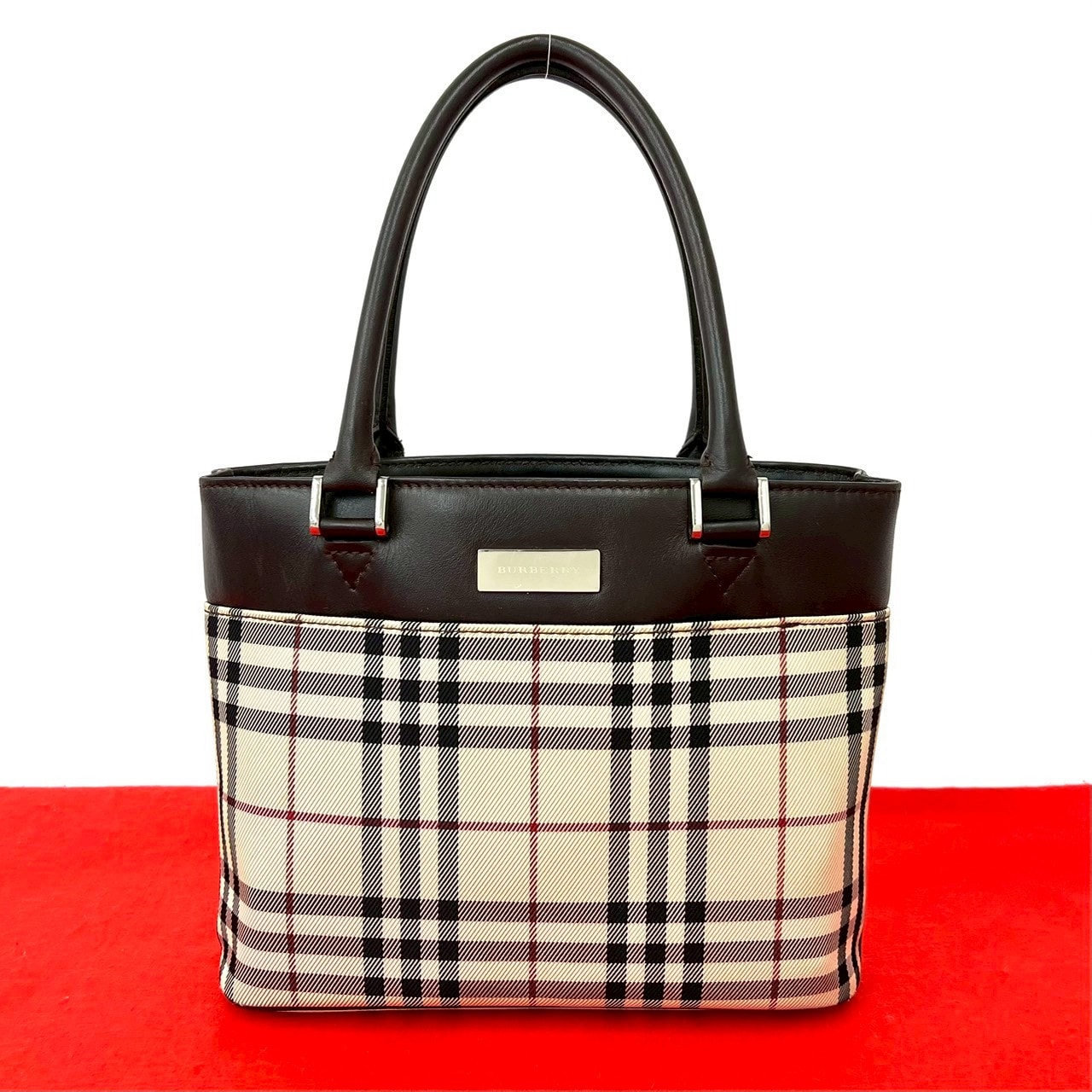 BURBERRY バーバリー ノバチェック 柄 ロゴ 金具 レザー ナイロン ハンドバッグ ブラウン
 34460