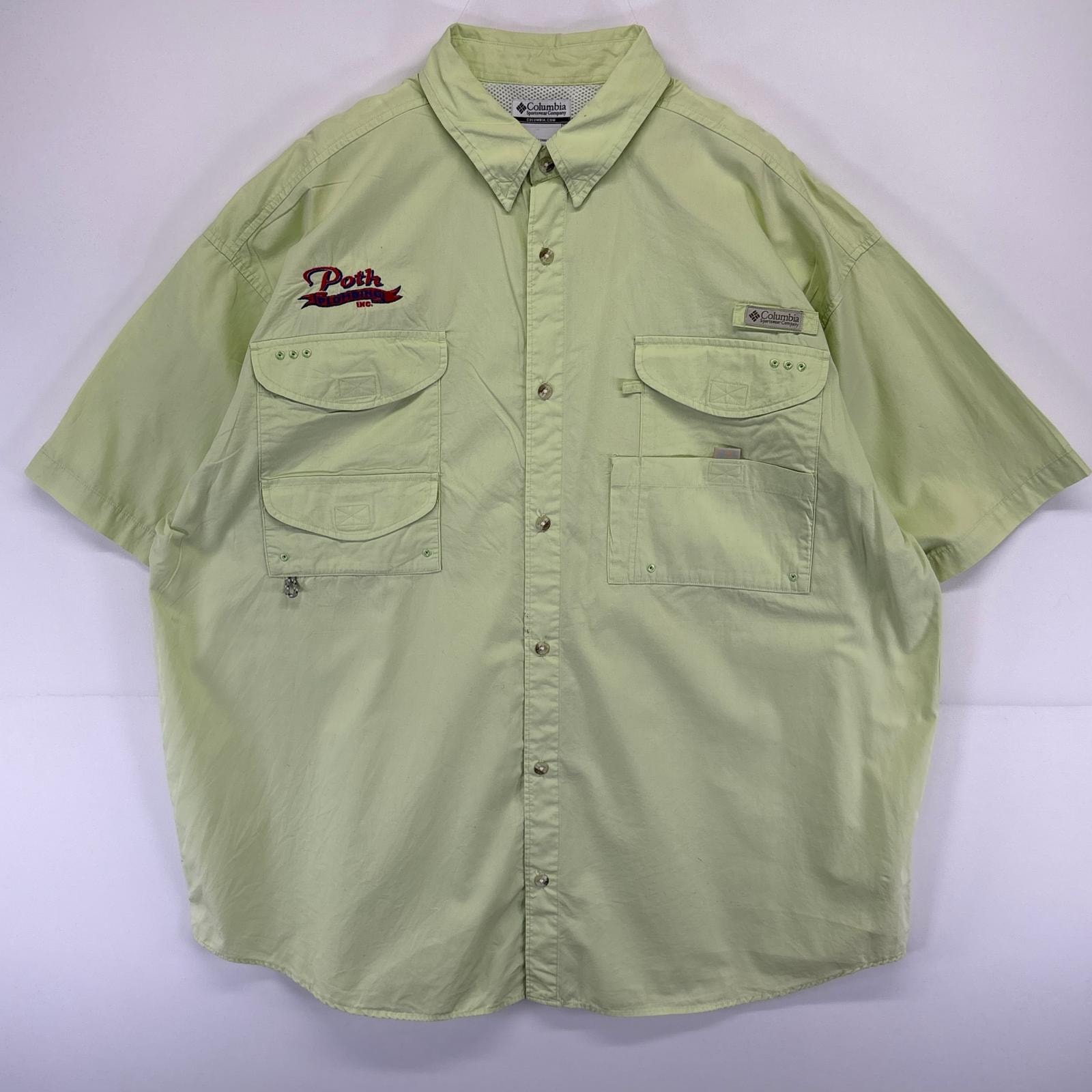 古着 コロンビア Columbia 半袖シャツ PFG フィッシング ロゴ 刺繍 胸ポケット 大きいサイズ 2XL  グリーン系 メンズ