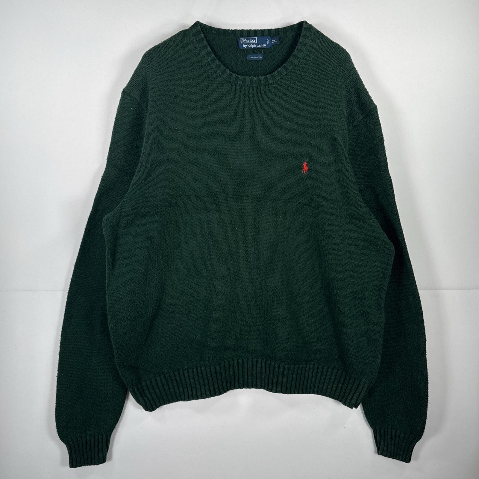 古着 ポロバイラルフローレン Polo by Ralph Lauren 長袖 ニット クルーネック セーター ワンポイント 大きいサイズ 14041  グリーン 無地 メンズ