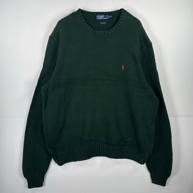 古着 ポロバイラルフローレン Polo by Ralph Lauren 長袖 ニット クルーネック セーター ワンポイント 大きいサイズ 14041 グリーン 無地 メンズ