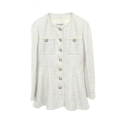 シャネル CHANEL ココマークボタン ノーカラージャケット 衣料品 アウター コットン レディース ホワイト系 / シルバー系 【中古】