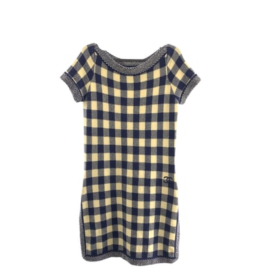 美品 CHANEL シャネル ココマーク チェック サイズ 38 ネイビー オフホワイト カシミヤ ワンピース ニットワンピース スカート 600631 【中古】