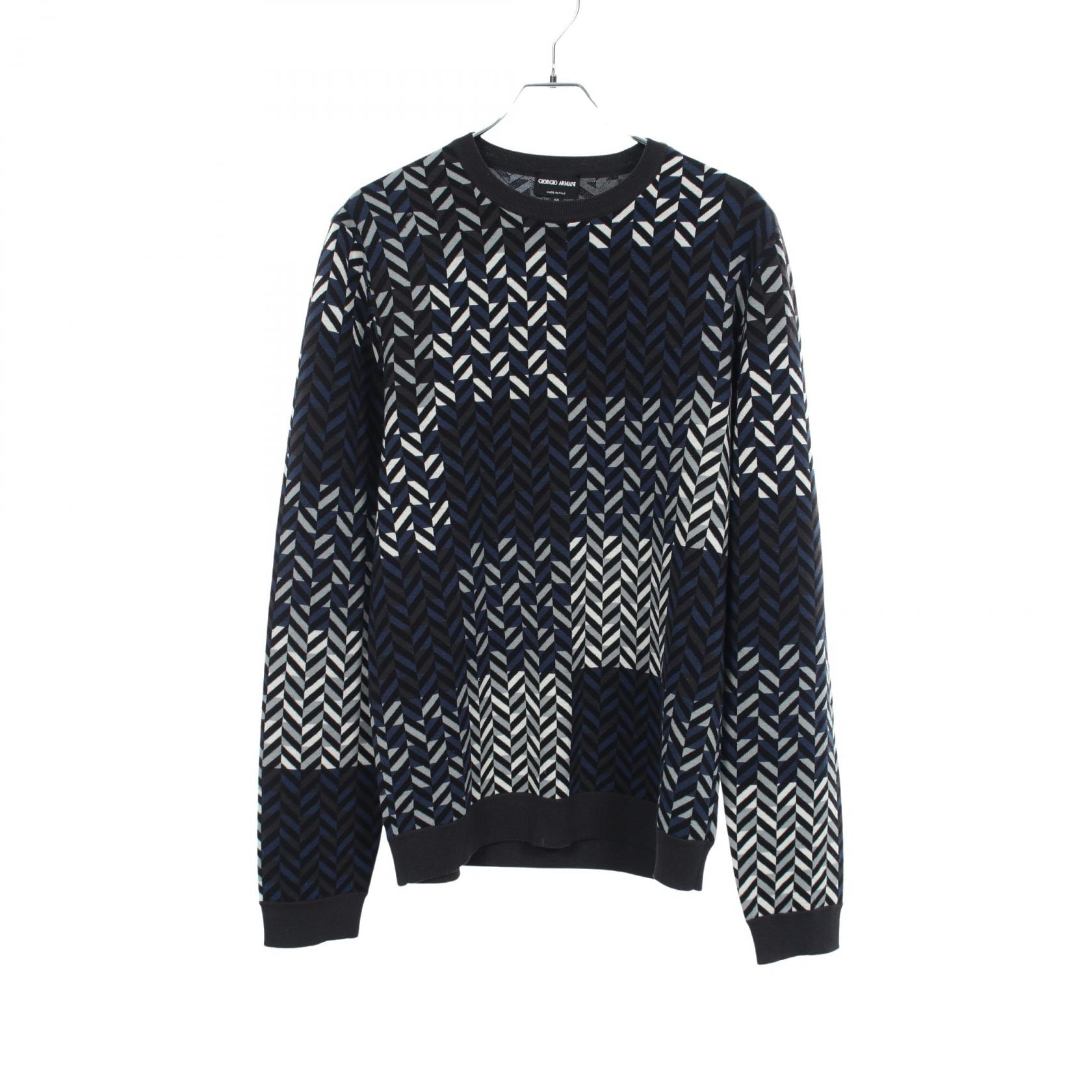 ジョルジオアルマーニ GIORGIO ARMANI ヘリンボーン クルーネック 長袖 ニット 衣料品 トップス ウール メンズ ネイビー系 / ブラック系 / ホワイト系 3HSMA6 【中古】