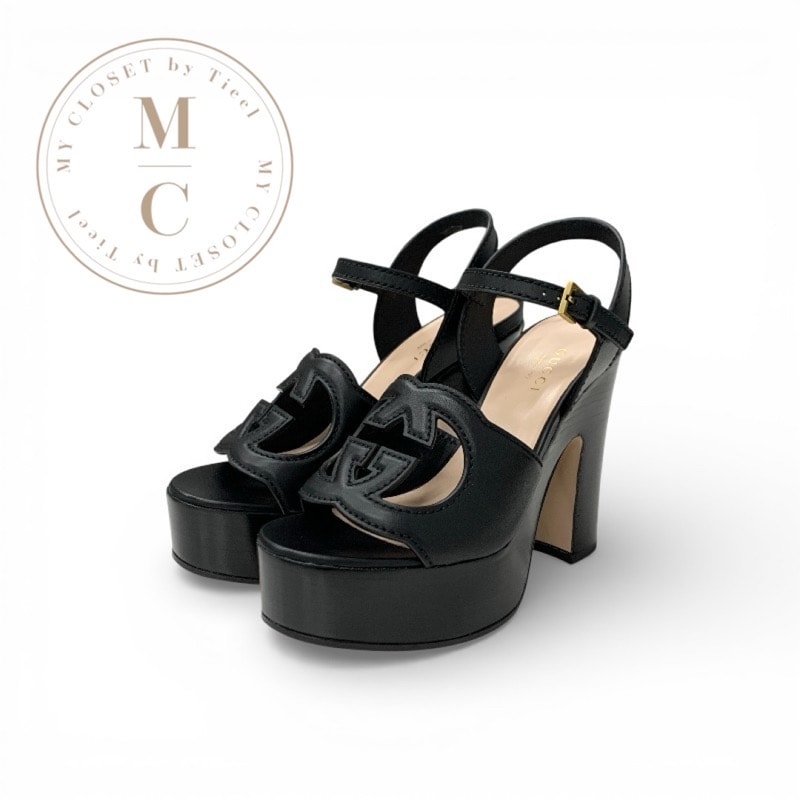 グッチ GUCCI サンダル 靴 シューズ レザー ブラック 黒 未使用 インターロッキングG プラットフォーム ストラップ