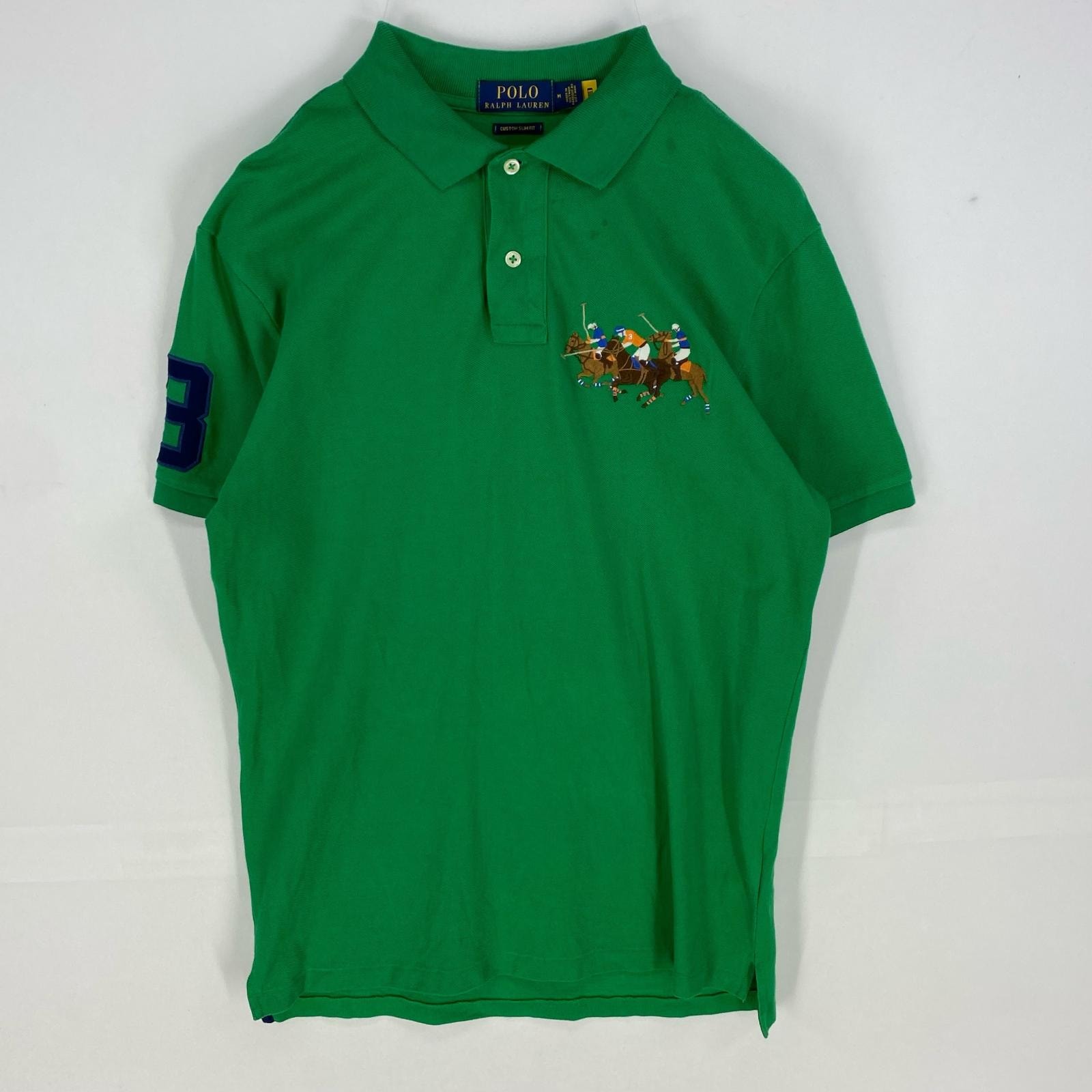 古着 ポロ・ラルフローレン POLO RALPH LAUREN 鹿の子 半袖シャツ 刺繍デザイン ポロシャツ M グリーン系 ストライプ メンズ