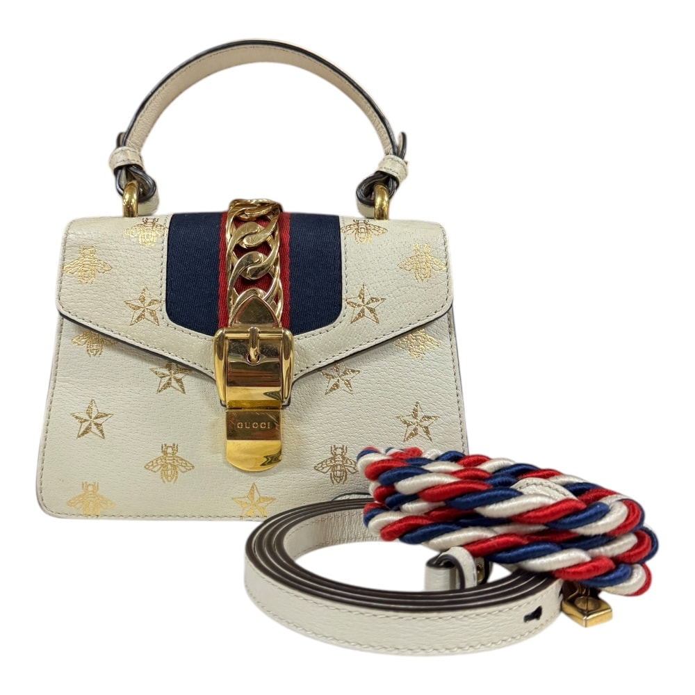 グッチ ビー&スター ミニ シルヴィ ショルダーバッグ レザー 470270 ホワイト レディース GUCCI  中古