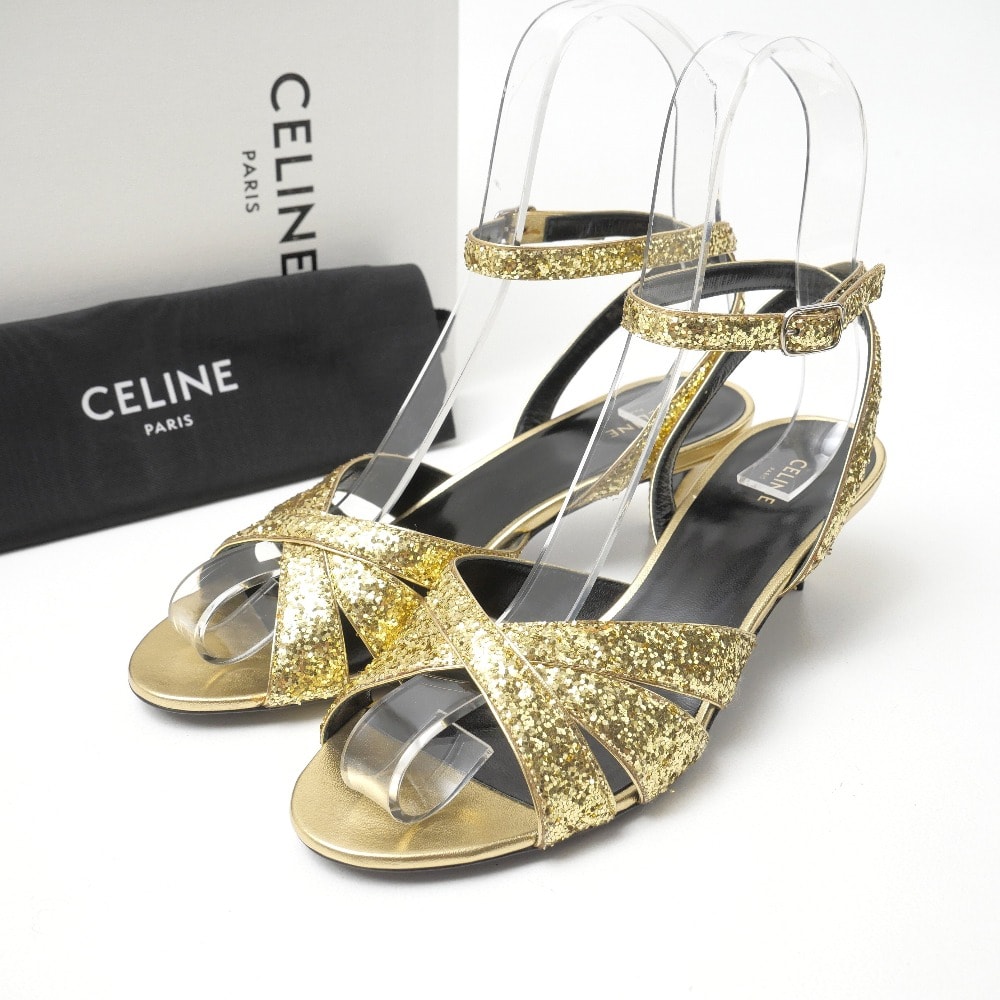 ■美品■CELINE セリーヌ サンダル サイズ37 アンクルストラップ グリッター スパンコール装飾 ゴールドカラー ブランド古着【中古】20260824/RB0283