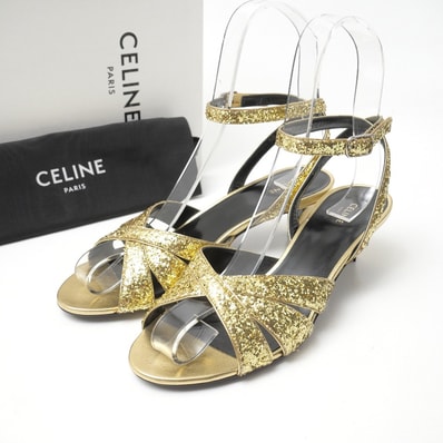 ■美品■CELINE セリーヌ サンダル サイズ37 アンクルストラップ グリッター スパンコール装飾 ゴールドカラー ブランド古着【中古】20260824/RB0283