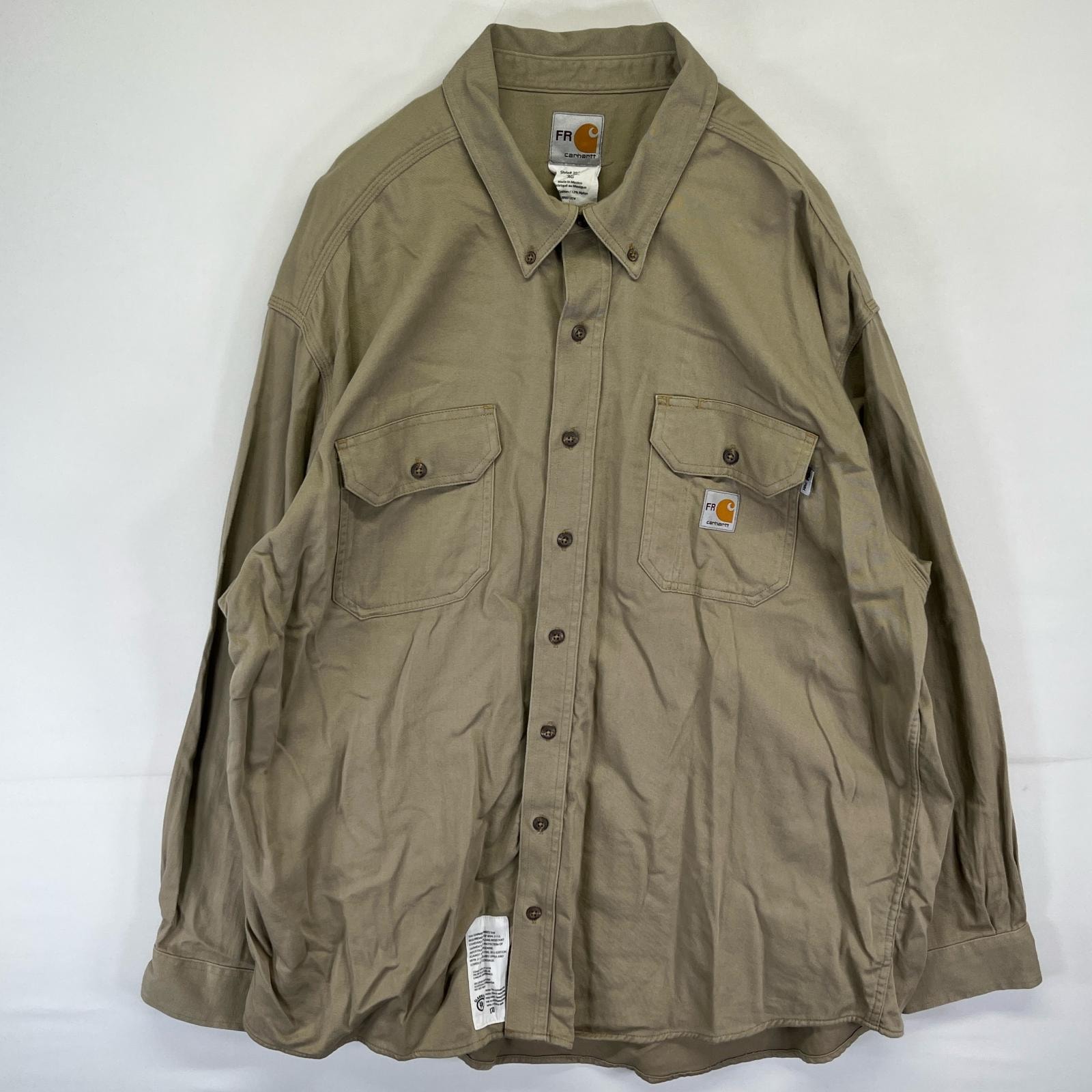 古着 カーハート Carhartt 長袖シャツ ワーク 作業着 ワンポイントロゴ 胸ポケット 大きいサイズ 難燃 厚手 2XL  ベージュ系 メンズ