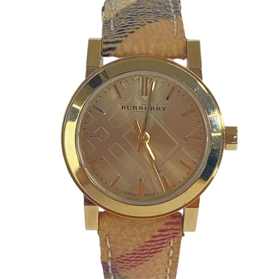 バーバリー チェック柄 腕時計 BU9219 クオーツ ゴールド文字盤 メッキ レザー レディース BURBERRY 中古