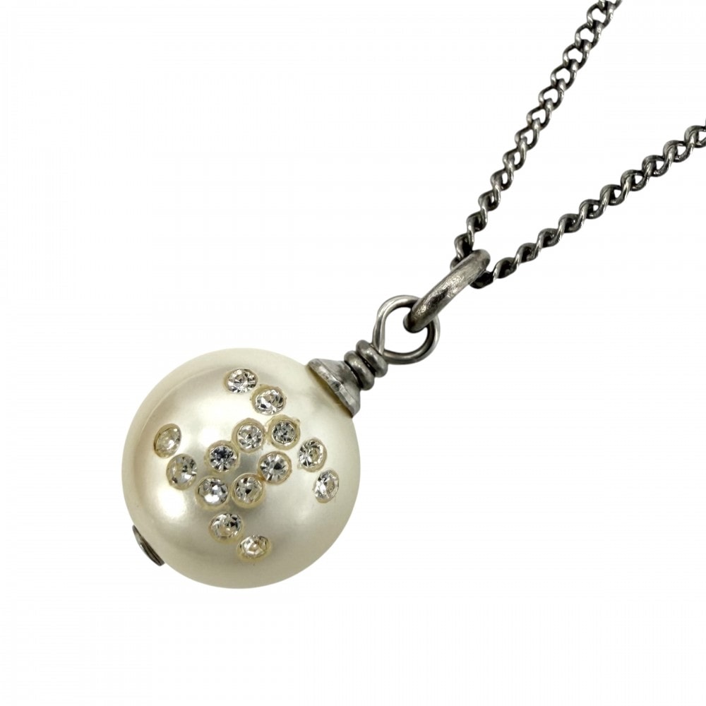 CHANEL シャネル ネックレス ココマーク チェーン アクセサリー フェイクパール ラインストーン 09P ホワイト 白 シルバー レディース 約2.8g 2009年【中古品】