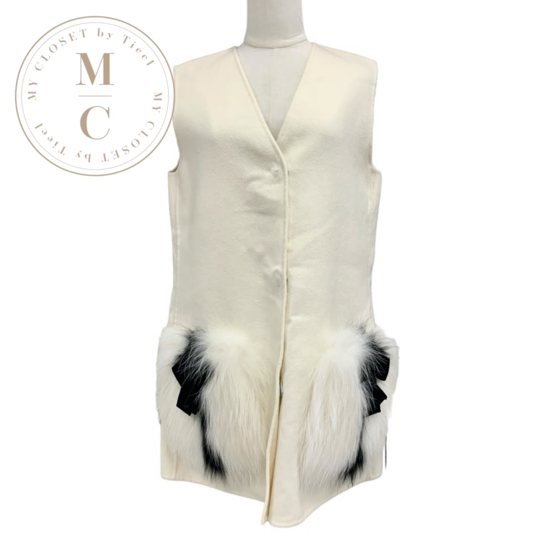 フェンディ FENDI アウター ウール フォックスファー ホワイト ブラック ベスト ジレ リボン ノースリーブ