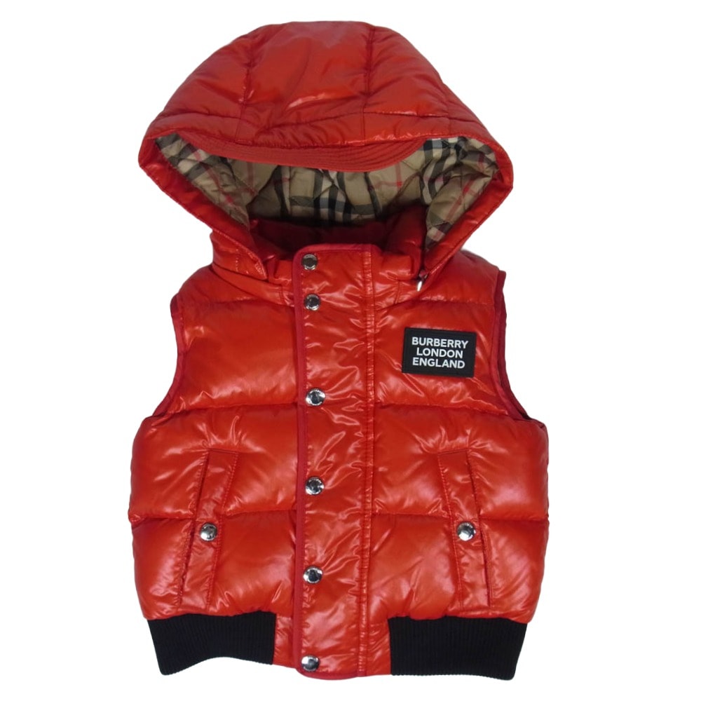 BURBERRY LONDON バーバリー ロンドン ベスト 裏地ノバチェック フード付 ラバー ロゴ シャイニー ダウン ベスト レッド系 18M【中古】