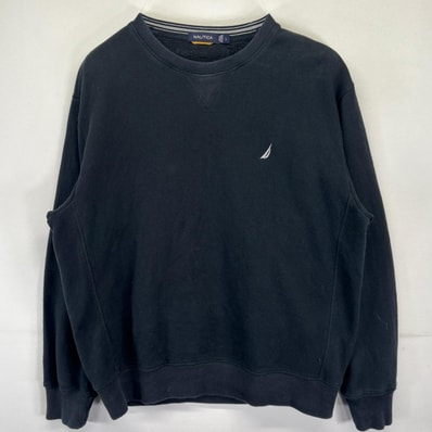 古着 ノーティカ NAUTICA スウェット ワンポイントロゴ刺繍 クルーネック トレーナー リバースタイプ L ブラック メンズ