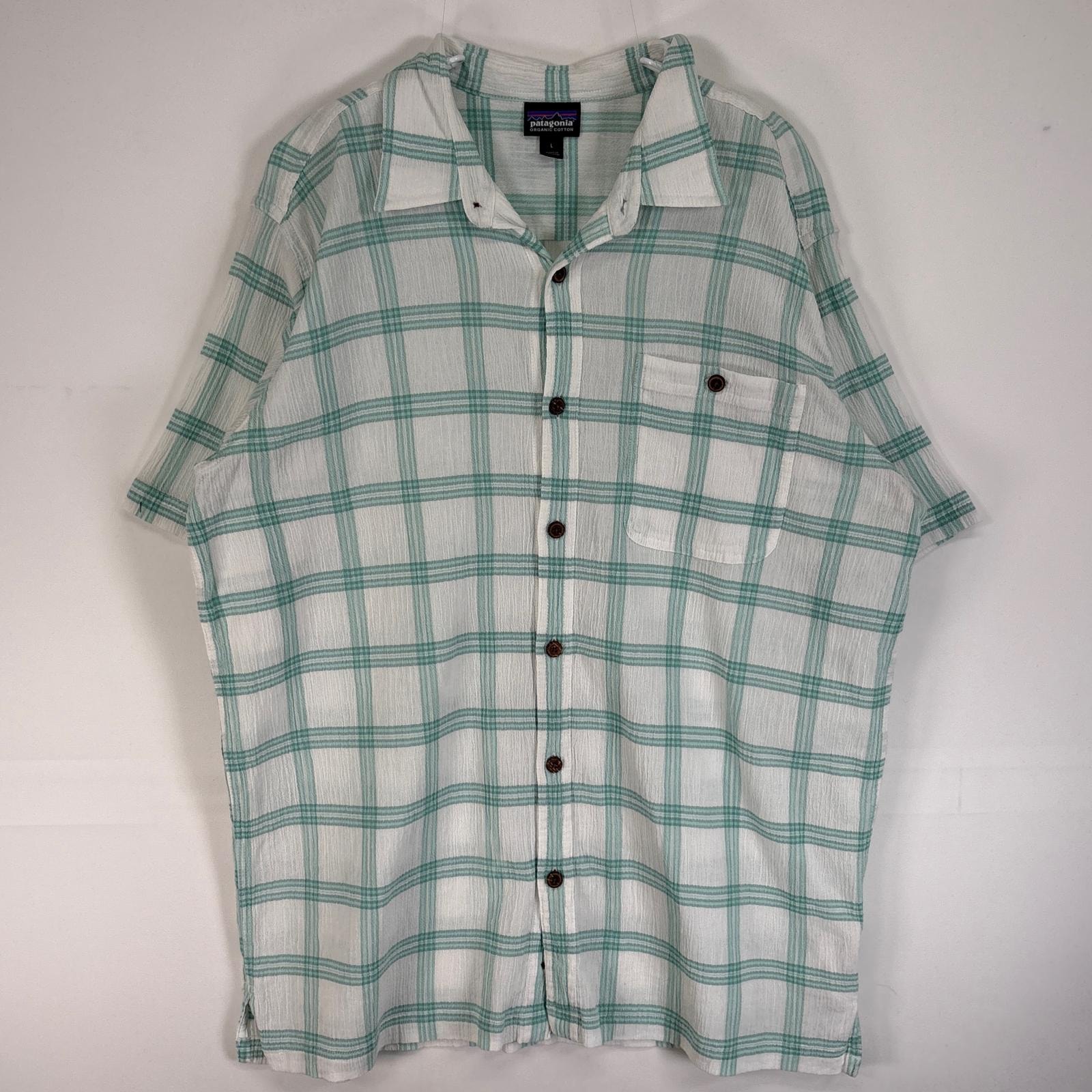 古着 パタゴニア patagonia 半袖シャツ アロハ 胸ポケ ワンポイント ロゴ L グリーン系 チェック メンズ