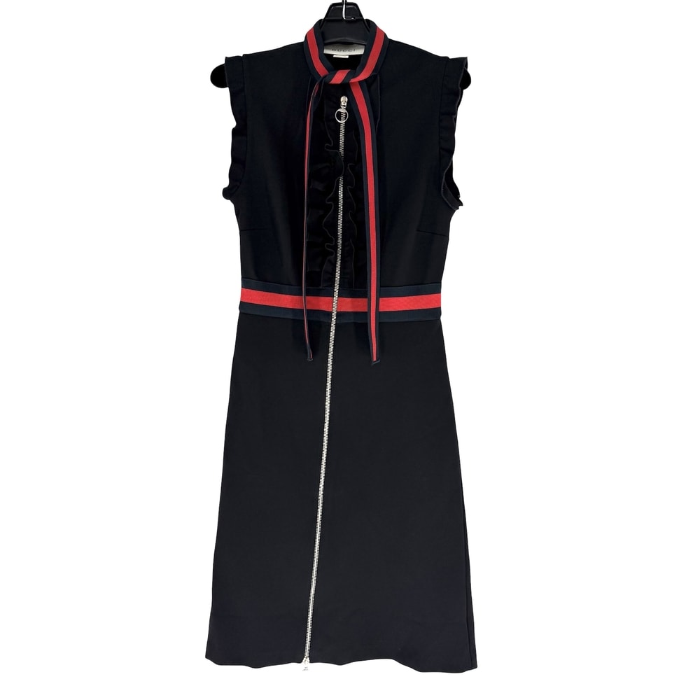 GUCCI グッチ ワンピース ウェブトリム シェリーライン ノースリーブ 服 ドレス アパレル S ブラック 黒 レッド 赤 シルバー金具 レーヨン  ナイロン  ポリウレタン  レディース 春 秋 オールシーズン【中古品】