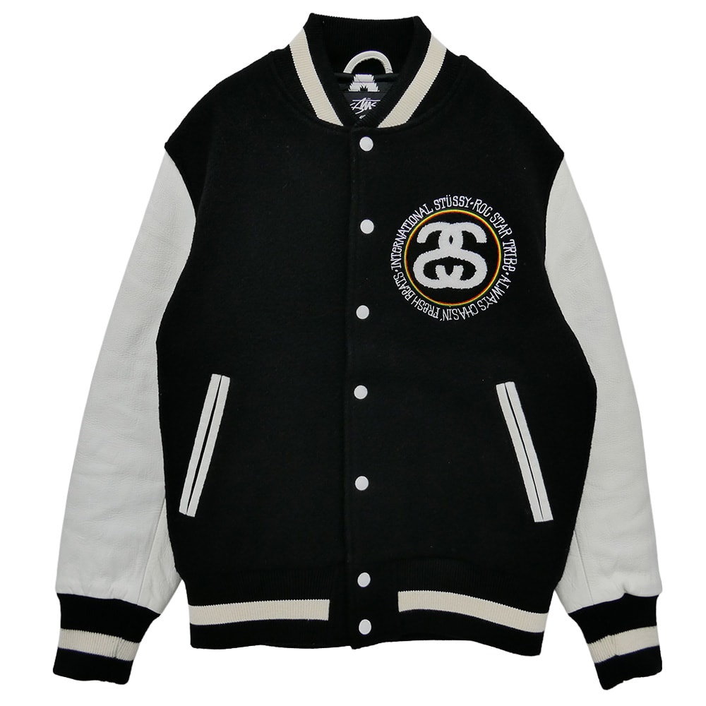 STUSSY ステューシー ROCSTAR ロックスター 10AW x ROC STAR Tribe Varsity Jacket  ロックスター トライブ ロゴ ワッペン バーシティ ジャケット 袖レザー スタジャン ブラック系 ホワイト系 S【中古】