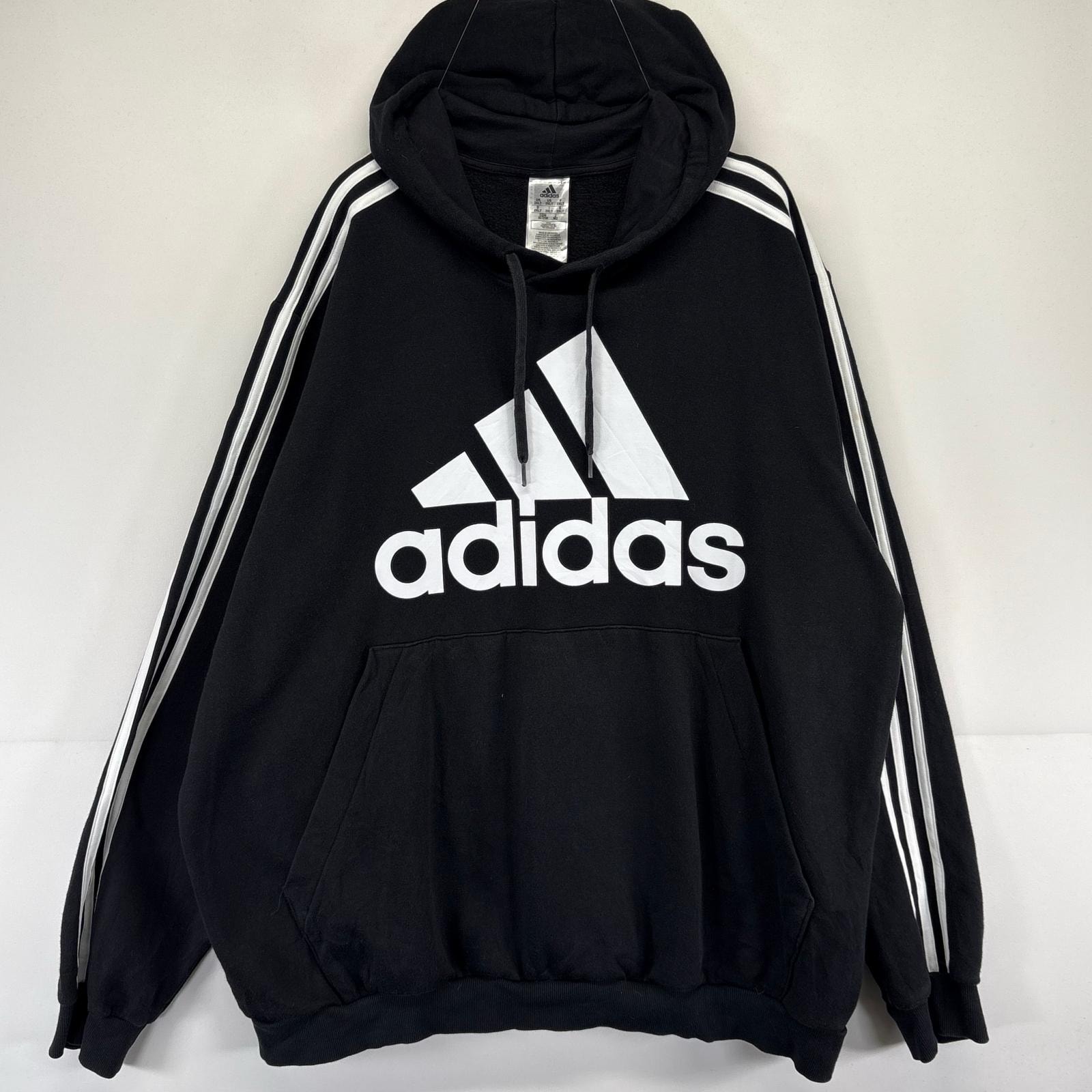 古着 アディダス adidas パーカー フーディ ビッグロゴ スウェット スリーストライプス 2XLT  ブラック系 メンズ