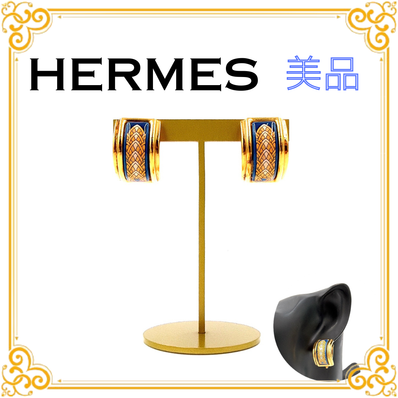 ■美品■ HERMES エルメス エマイユ 七宝焼き レディース イヤリング ゴールド アクセサリー 耳飾り イエロー ブルー 希少 レア シンプル