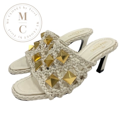 ヴァレンティノ VALENTINO サンダル 靴 シューズ レザー アイボリー ゴールド ミュール ローマンスタッズ 編み込み