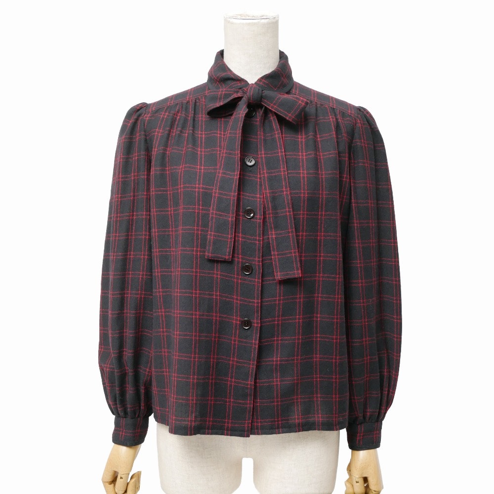 GIVENCHY ジバンシィ ヴィンテージ 長袖シャツ サイズ8 チェック柄 丸襟 ブラウス タイカラー リボンカラー ブランド古着【中古】20260409/RA8769