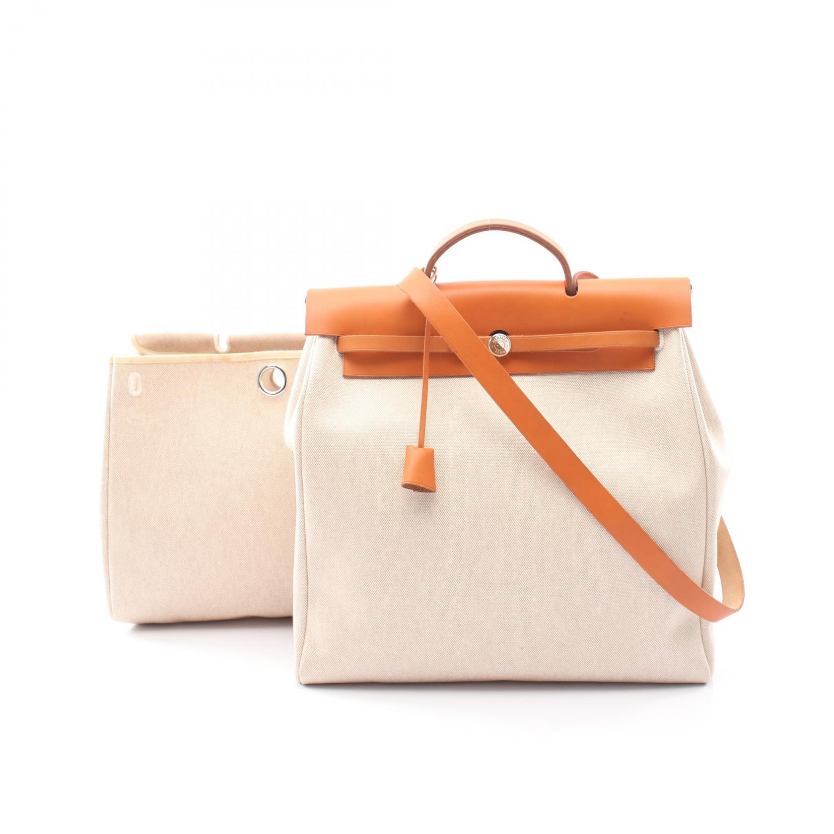 エルメス HERMES エールバッグMM ハンドバッグ バッグ キャンバス レザー トワルアッシュ / ヴァッシュハンター トワルアッシュ ベージュ □C刻印(1999年製造) レディース ベージュ系 / ブラウン系 【中古】
