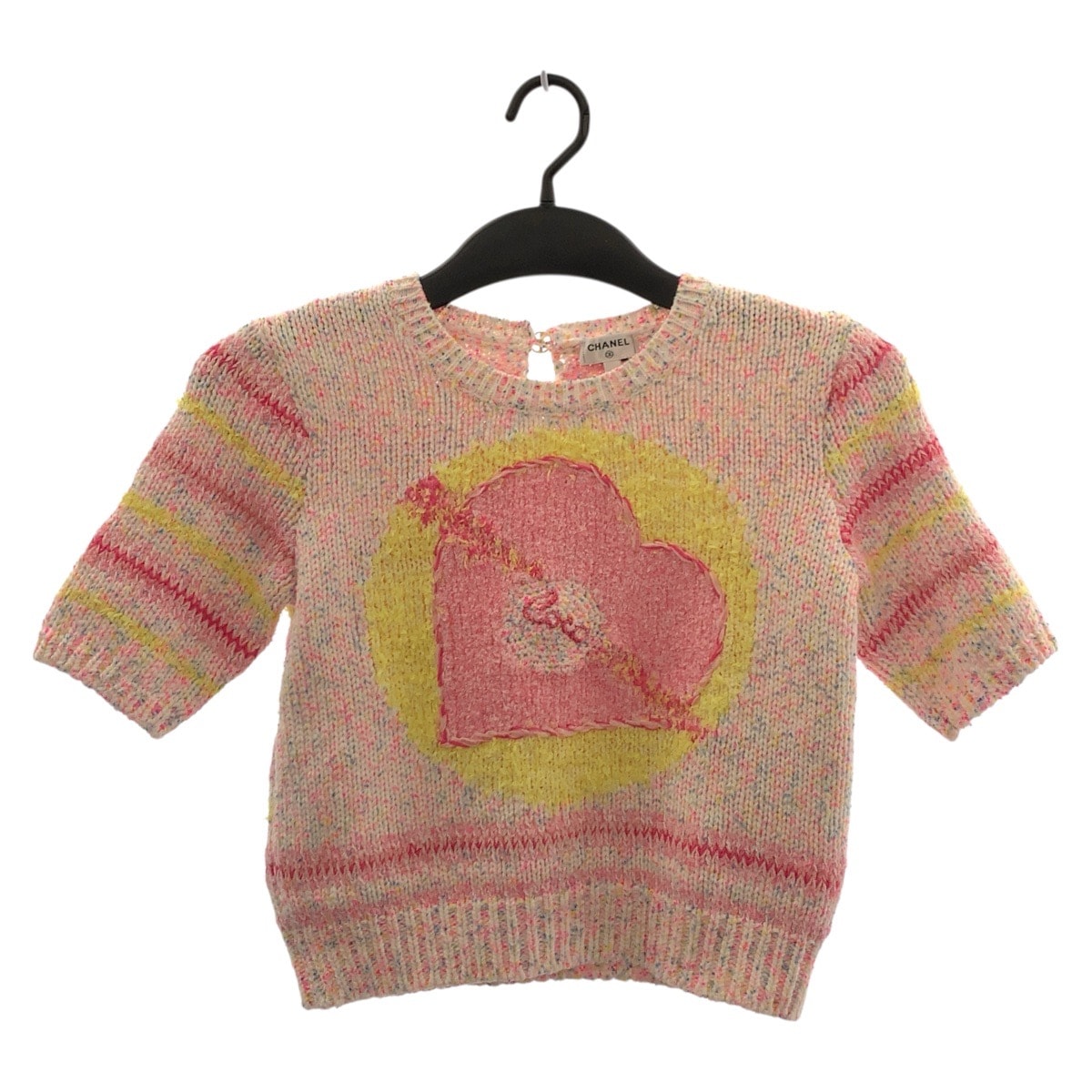 超美品 CHANEL シャネル 24SS ハートモチーフ ココマーク サイズ34 ピンク イエロー ウール 短丈 半袖ニット 半袖シャツ カットソー 504595 【中古】