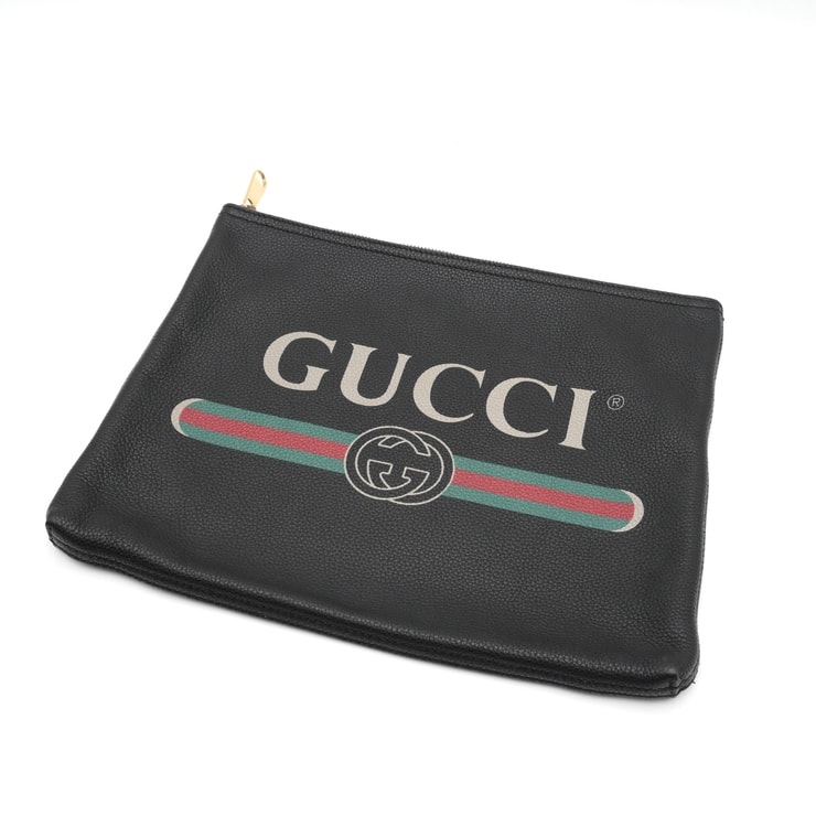 GUCCI(グッチ)ミディアム ポートフォリオ クラッチバッグ セカンドバッグ ロゴプリント ウェブストライプ ブラック レザー ゴールド金具 メンズ レディース 500981 【中古】