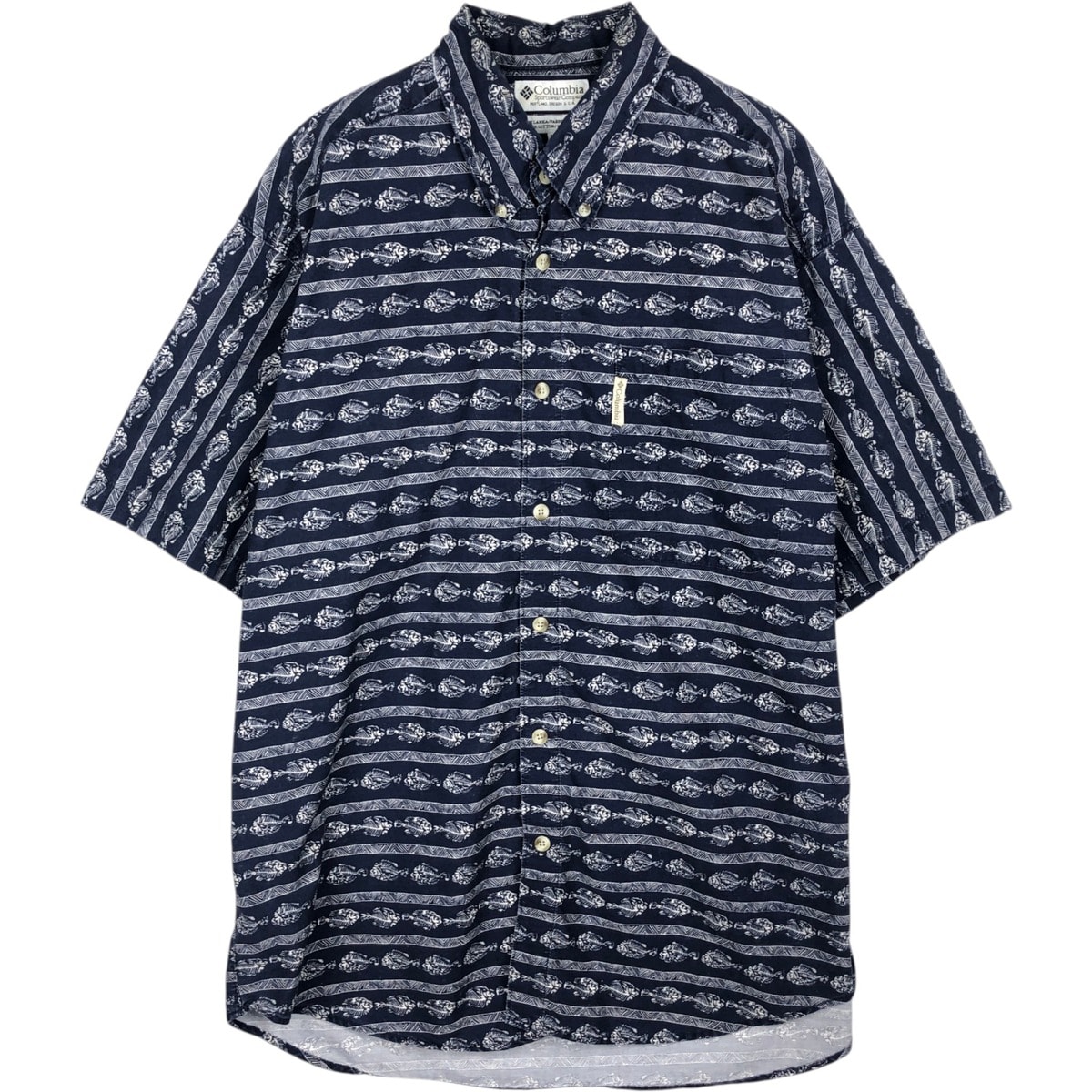 古着 00年代 コロンビア Columbia 総柄 魚柄 半袖 ボタンダウンシャツ メンズL相当/eaa477679