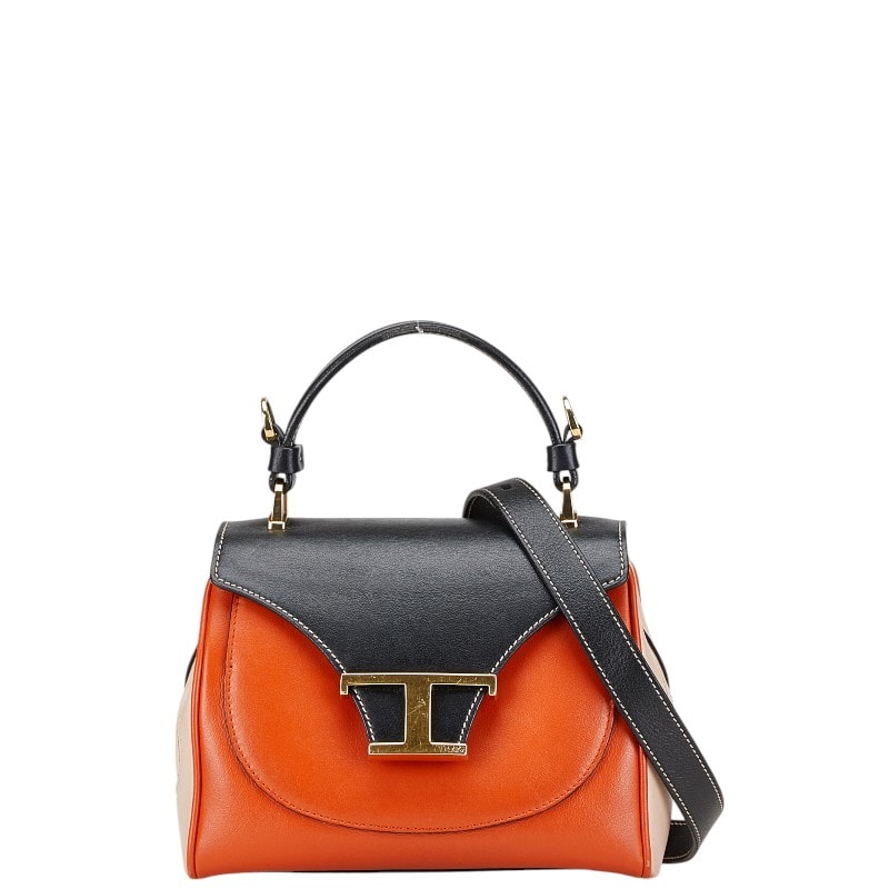 トッズ T タイムレス ハンドバッグ ショルダーバッグ 2WAY オレンジ ブラック ベージュ レザー レディース TOD’S 【中古】
