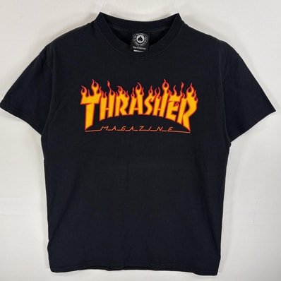 古着 スラッシャー THRASHER 半袖Tシャツ フロントロゴ ラバープリント スケボー M ブラック メンズ