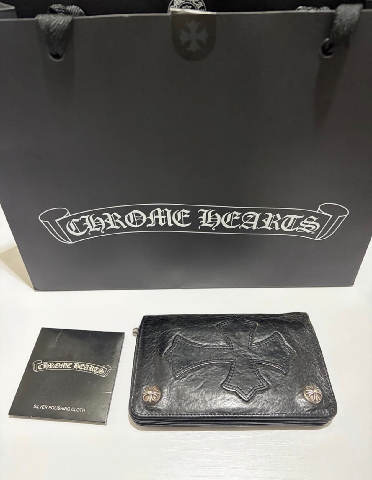 Chrome Hearts 1 Zip Cross Button Leather Wallet With Cross Patch "Black"