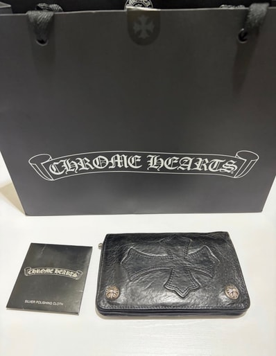 Chrome Hearts 1 Zip Cross Button Leather Wallet With Cross Patch "Black"