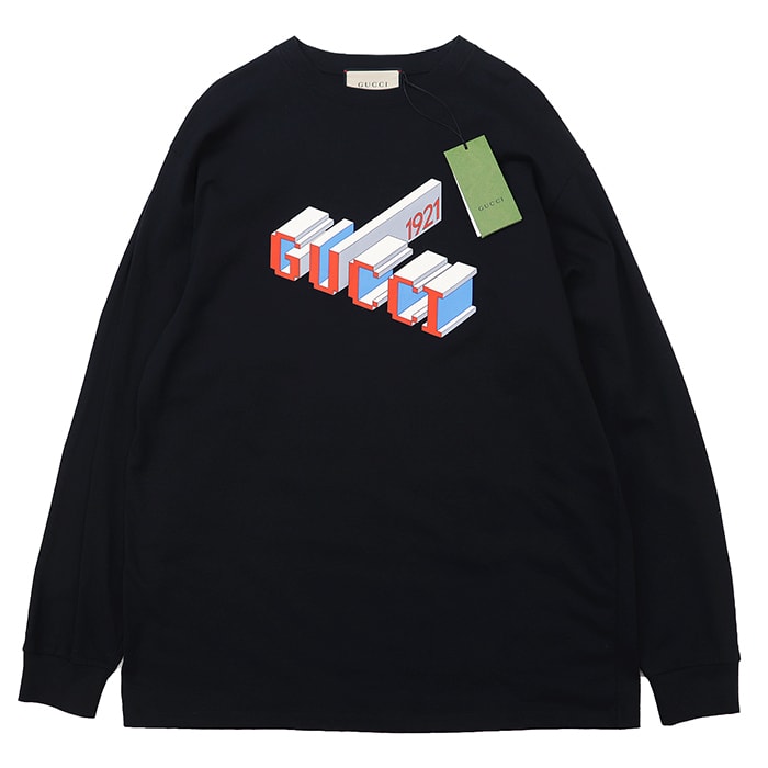 【未使用】GUCCI グッチ 長袖Tシャツ サイズ L メンズ 3D 1921 ロゴ プリント オーバーサイズ ロングスリーブ クルーネック トップス タグ付属 ブラック 黒 イタリア製