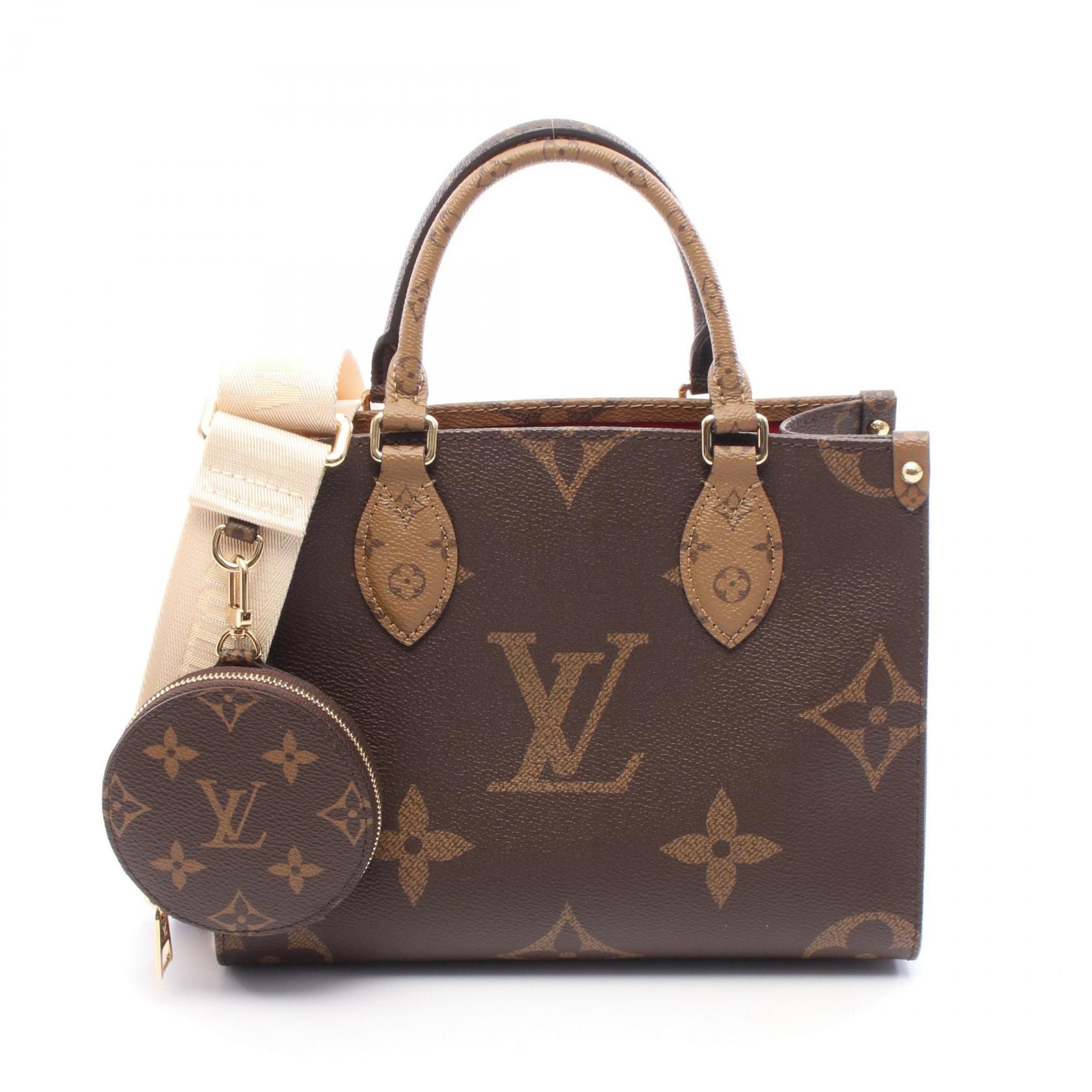 ルイ・ヴィトン LOUIS VUITTON オンザゴーPM ハンドバッグ バッグ PVCコーティングキャンバス モノグラム・ジャイアントリバース ベージュ レディース ブラウン系 / ベージュ系 M46373 【中古】