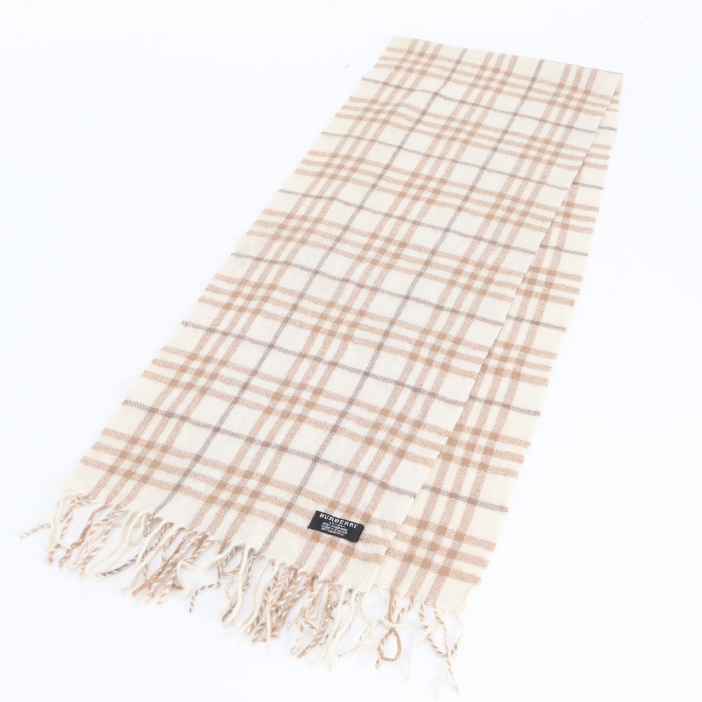 バーバリー カシミヤ 100% チェック フリンジ ベージュマフラー