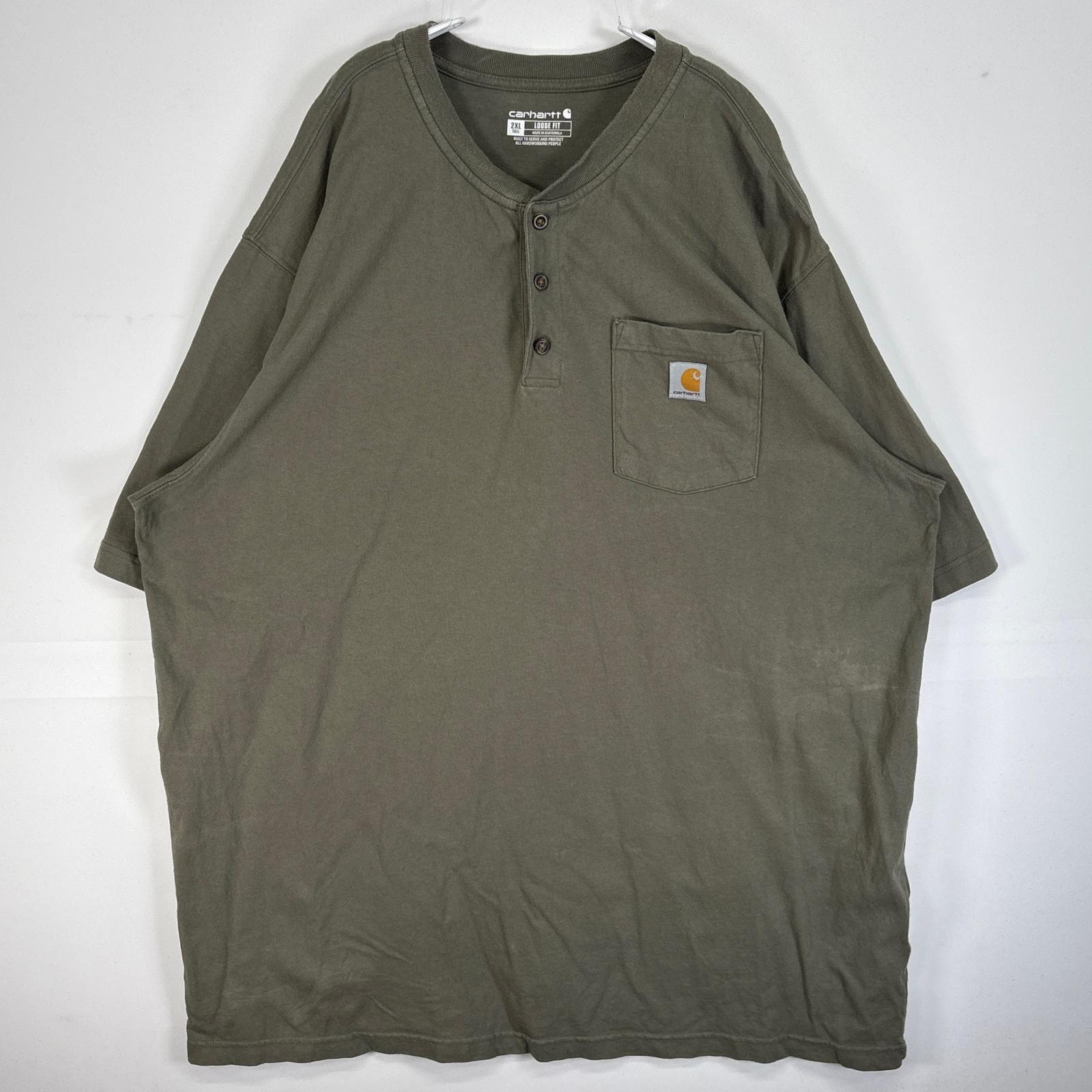古着 カーハート Carhartt 半袖Tシャツ ヘンリーネック 大きいサイズ 肉厚 ワンポイント ロゴ 2XL  グリーン系 無地 メンズ