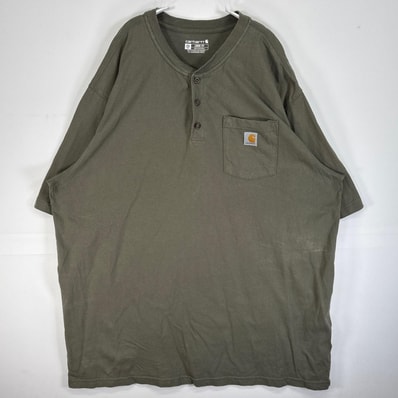 古着 カーハート Carhartt 半袖Tシャツ ヘンリーネック 大きいサイズ 肉厚 ワンポイント ロゴ 2XL グリーン系 無地 メンズ