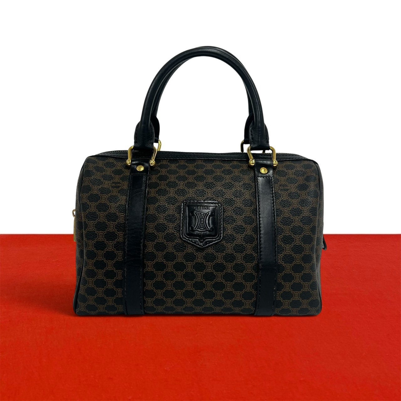 CELINE セリーヌ マカダム ブラゾン ロゴ 柄 レザー PVC ボストンバッグ ブラック
 d14-3