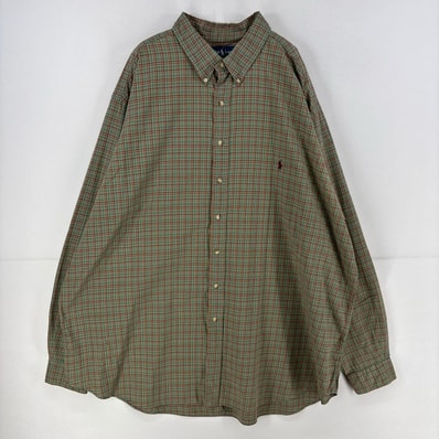 古着 ラルフローレン RALPH LAUREN 長袖シャツ ワンポイント ロゴ 大きいサイズ ボタンダウン 3XLT グリーン系 チェック メンズ