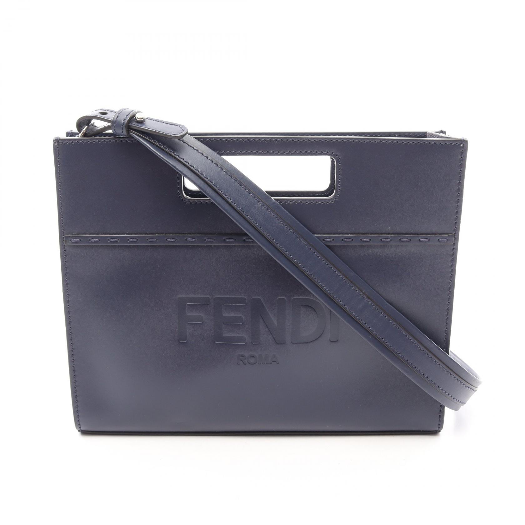 フェンディ FENDI ショッパー スモール ハンドバッグ バッグ レザー メンズ レディース ネイビー系 7VA547 【中古】