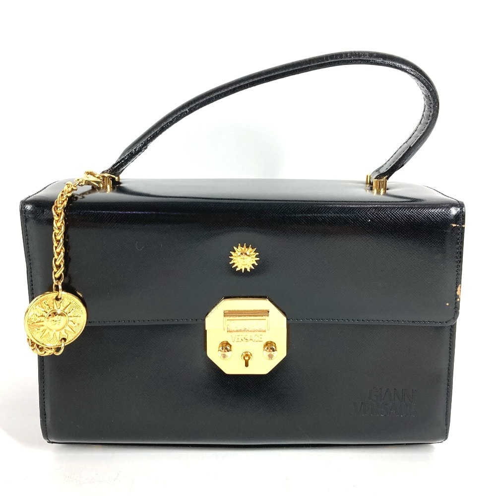 ヴェルサーチ VERSACE サンバースト ロゴ バニティバッグ ヴィンテージ カバン フラップ チェーン ハンドバッグ レザー ブラック