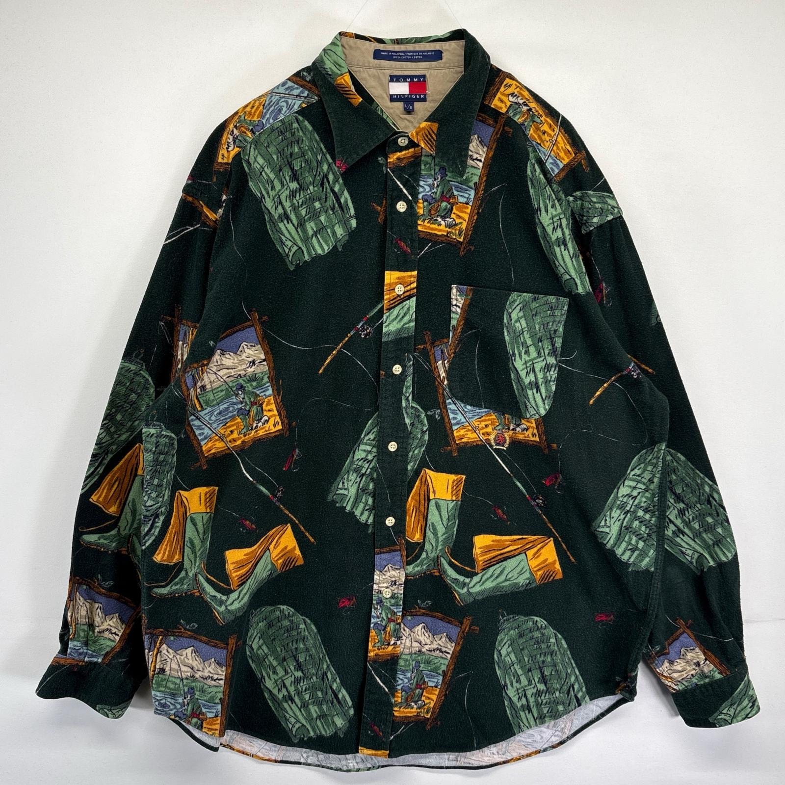 古着 90's/90年代 トミーヒルフィガー TOMMY HILFIGER 長袖シャツ ネルシャツ 柄 フィッシングプリント ワンポイントロゴ L  グリーン系 メンズ