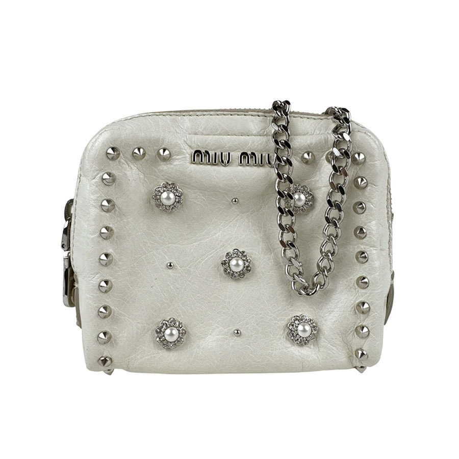 ミュウミュウ MIUMIU 斜め掛けショルダーバッグ レザー オフホワイト シルバー レディース【中古】 z6735