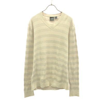 ARMANI EXCHANGE アルマーニ エクスチェンジ ボーダー柄 長袖 Vネック セーター M ベージュ系×グレー系 ニット
